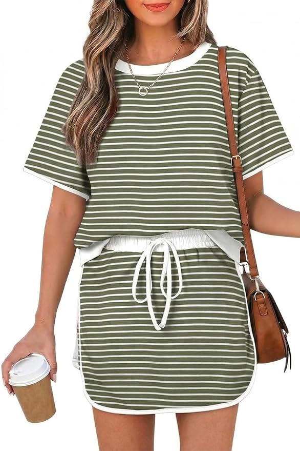 Opemiby Womens 2 Piece Skort Set 2026 Color Block Short Sleeve Top Drawstring Skort Matching Sets Casual Lounge Summer Outfit