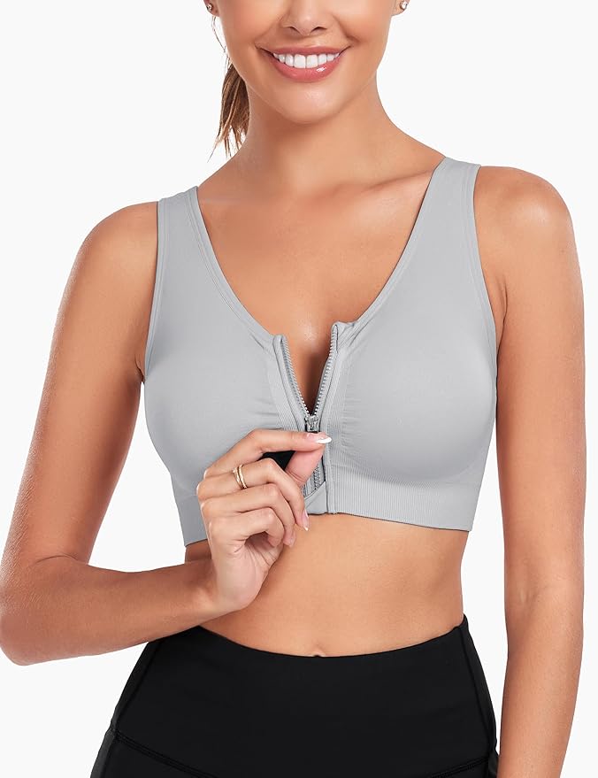 Women's Zip Front Sports Bra Wireless Post-Surgery Bra Active Yoga Sports Bras