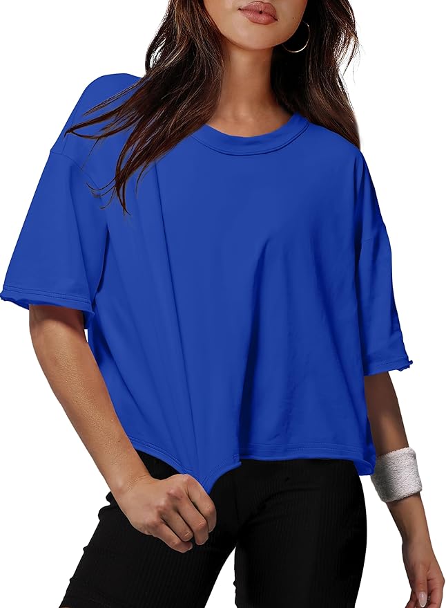 XIEERDUO Cotton Tshirts for Women Drop Shoulder Round Neck Oversized Crop Tops Workout Tops Tees
