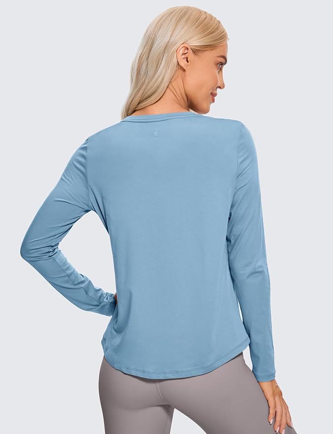 CRZ YOGA Pima Cotton Crewneck Long Sleeve Shirts for Women - Workout Athletic Yoga Casual Tops Soft Plain T-Shirt