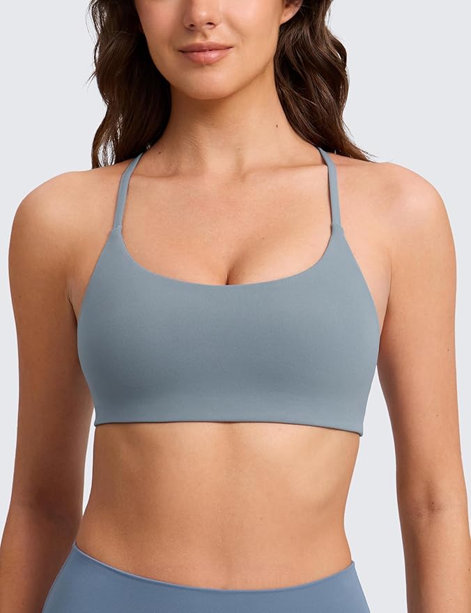 CRZ YOGA Butterlift Double Lined V Back Sports Bras for Women - Scoop Neck Spaghetti Strap Wireless Yoga Top Non Padded