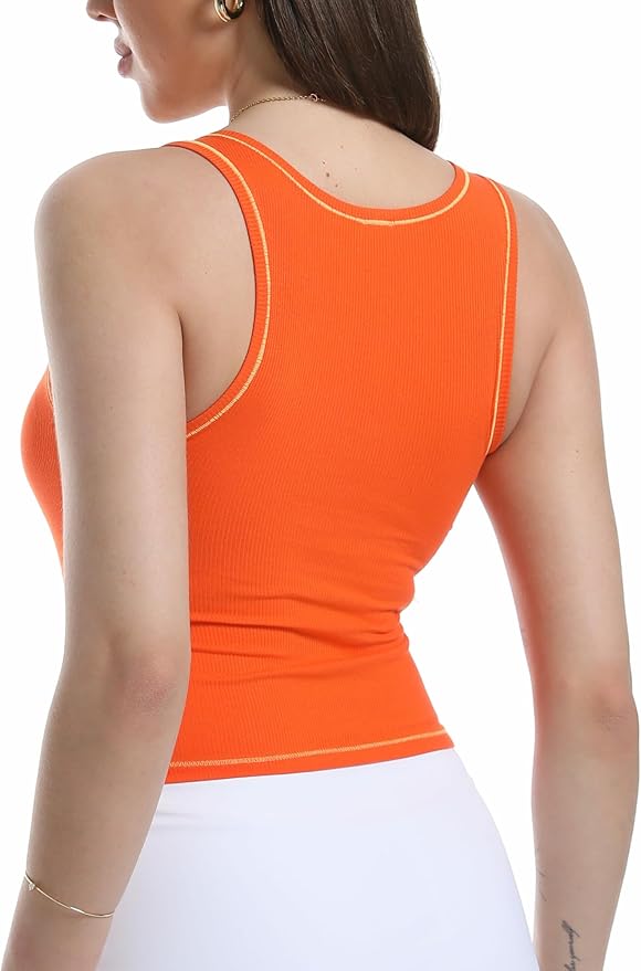 Danysu Women Rib Tank Top Padded Workout Top Square Neck Crop Tank Fitted Basic Cami Tops