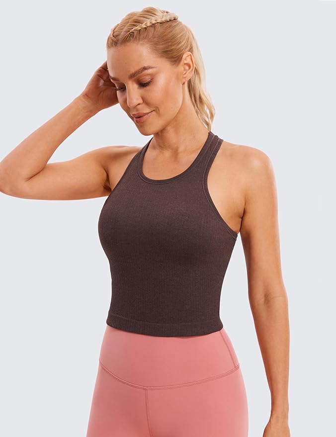 CRZ YOGA Seamless Ribbed High Neck Crop Tank Tops for Women - Longline Racerback Padded Sports Bras