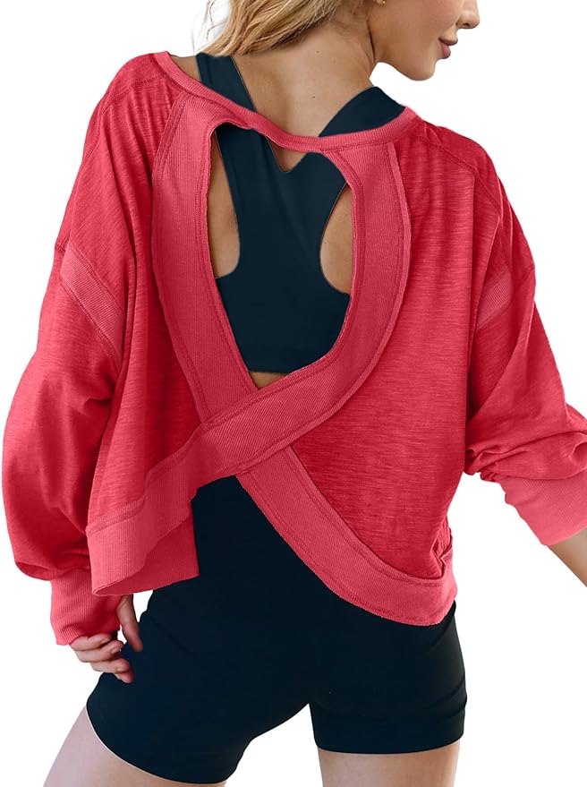 UNIANKIYA Open Back Workout Tops for Women Long Sleeve Cropped Athletic Clothes Gym Running Yoga Low Impact Sports T Shirts