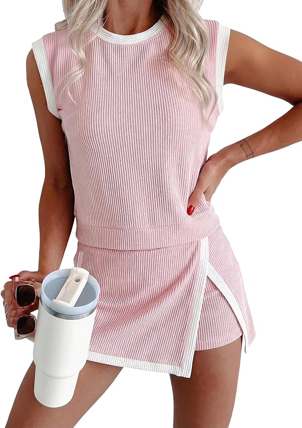 EVALESS 2 Piece Sets for Women Summer Outfits Ribbed Knit Tank Top and Split Lined Skirt Two Pieces Lounge Matching Set