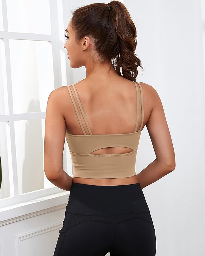 Everrysea Sports Bras for Women High Support Longline Workout Tank Tops Built in Bra Strappy Yoga Padded Crop Top