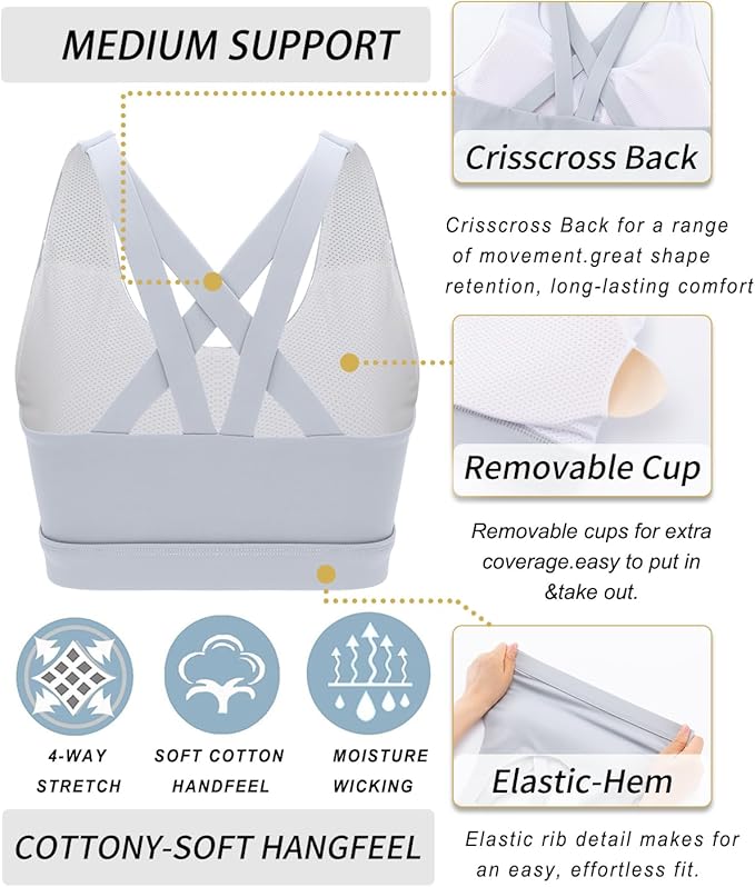RUNNING GIRL Sports Bras for Women,Padded Strappy Sports Bras Criss-Cross Back Medium Support Sports Bras with Removable Cups