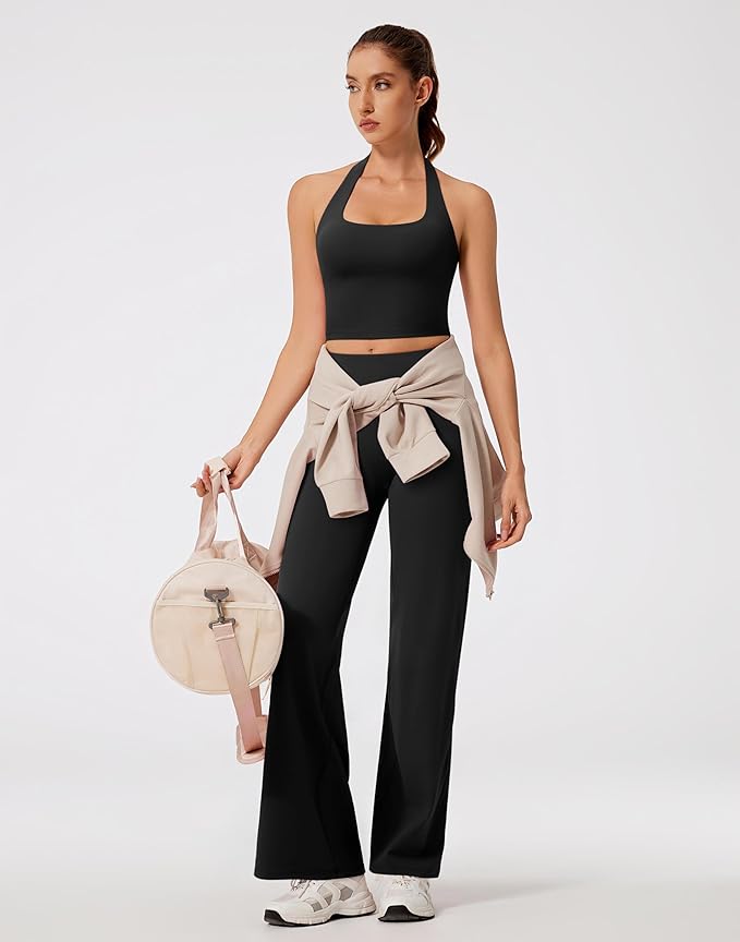 RXRXCOCO Halter Workout Sets for Women 2 Piece Padded Crop Tank Tops Straight Leg Yoga Pants Outfits with Hidden Pocket