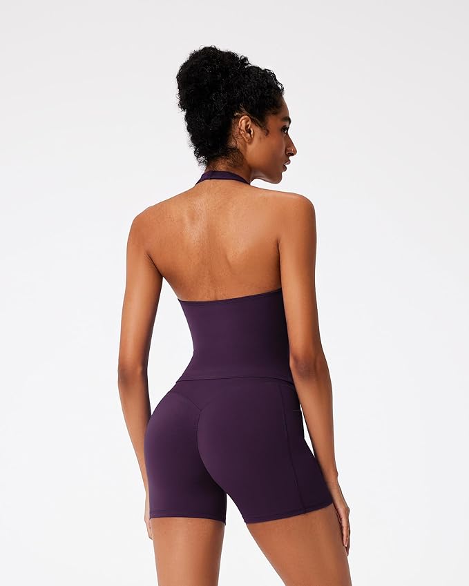 RXRXCOCO Halter Workout Sets for Women 2 Piece V Neck Tank Tops Hidden Scrunch Booty Shorts Gym Outfits with Pockets