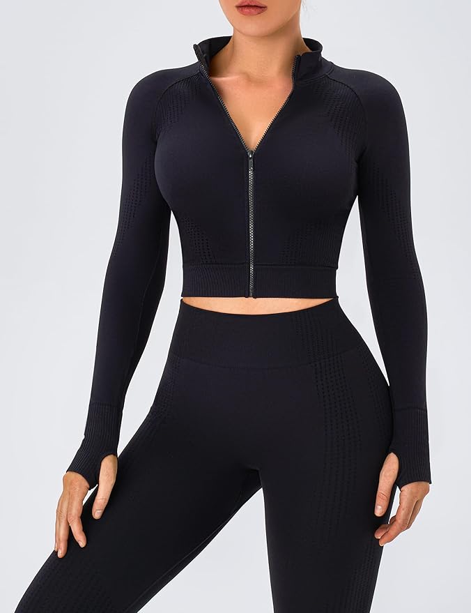 OLCHEE Womens Workout Sets 2 Piece Seamless Yoga Outfits Long Sleeve Zipper Jacket High Waist Leggings Butt Lifting Gym Set