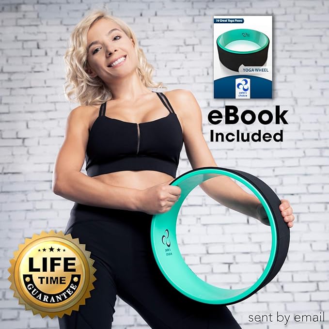 Yoga Wheel with Beginners Guide & Yoga Strap - Back Pain and Tension Relief. Comfy Roller for Stretching, Increase Flexibility. Home Exercise Kit. Ideal for Women Yogis. Improve your Posture.