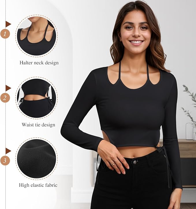 JBT Halter Neck Long Sleeve Strap Yoga Wear, Unique Waist & Strap Design, Comfortable & Breathable for Activewear