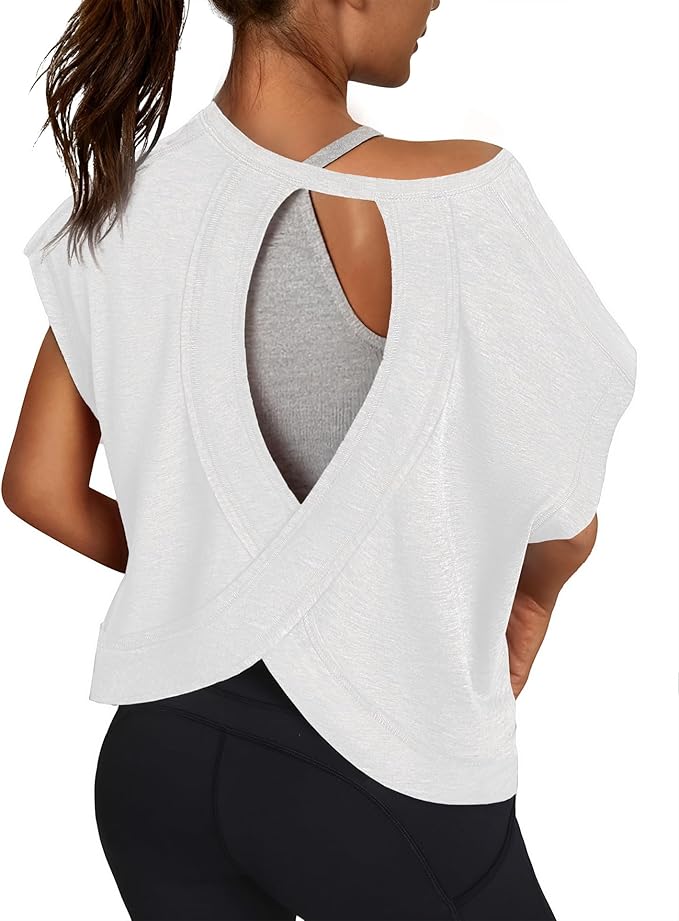 Women Open Back Workout Shirts Short Sleeve Tops Casual Yoga Y2k Athletic Gym Running Crop Tees