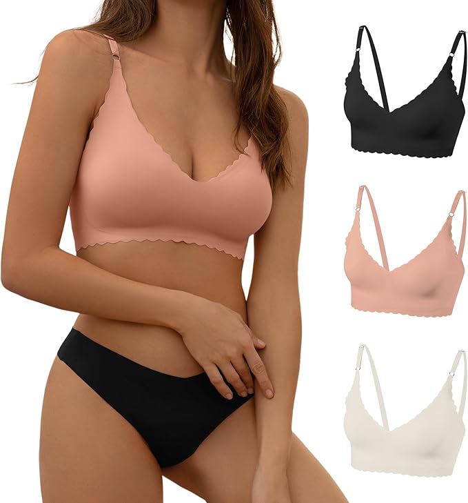 DEANGELMON V Neck Bra Padded Seamless Adjustable Straps Bralettes Everyday Basic Sleeping Bras Multiple Pack