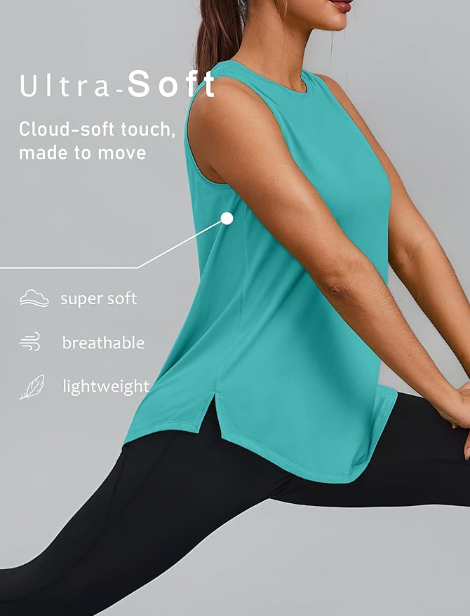 PINSPARK Workout Tops for Women Sleeveless Athletic Tank Tops UPF 50+ Running Tanks with Side Slits Loose Fit Gym Yoga Shirt
