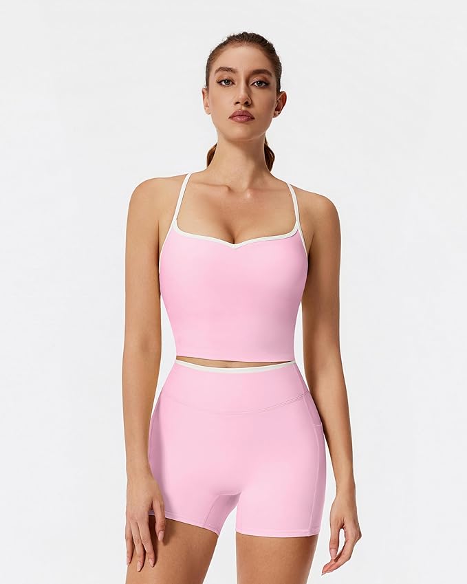 RXRXCOCO Color Block Workout Sets for Women 2 Piece Padded Strappy Tank Tops Hidden Scrunch Booty Shorts with Pockets