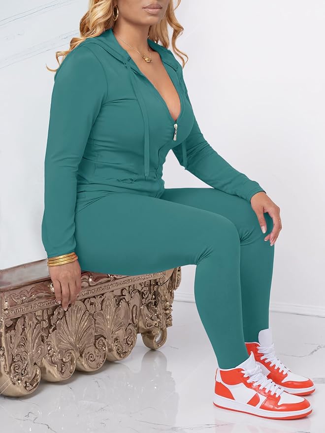 AUXDIO Women 2 Piece Outfits Casual Workout Sets Bodycon Tracksuit Zip Up Long Sleeve Hoodle Jacket Jogger Pants Set