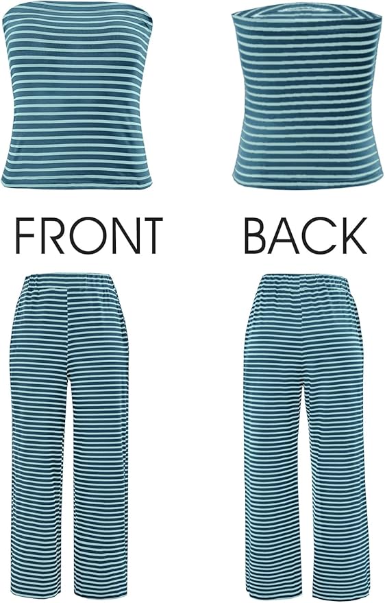 Tankaneo Womens Striped 2 Piece Sets Summer Strapless Crop Tube Tops Wide Leg Pants Matching Lounge Set Vacation Outfits