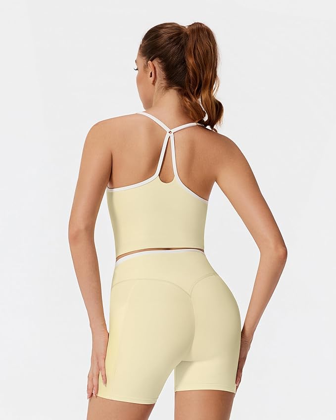 RXRXCOCO Color Block Workout Sets for Women 2 Piece Padded Strappy Tank Tops Hidden Scrunch Booty Shorts with Pockets