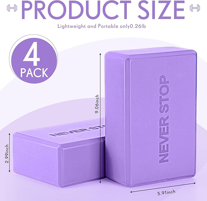 4 Pack Yoga Blocks Non Slip Pilates Brick Foam Blocks Pilates Dance Gymnastics Workout Fitness Props Tool for Stretching Meditation and Exercise