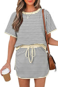 Opemiby Womens 2 Piece Skort Set 2026 Color Block Short Sleeve Top Drawstring Skort Matching Sets Casual Lounge Summer Outfit