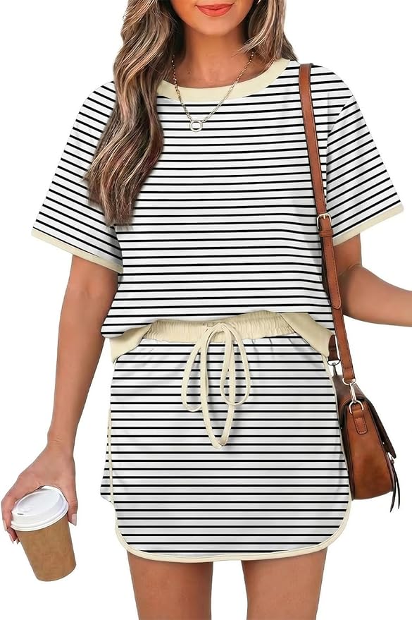 Opemiby Womens 2 Piece Skort Set 2026 Color Block Short Sleeve Top Drawstring Skort Matching Sets Casual Lounge Summer Outfit