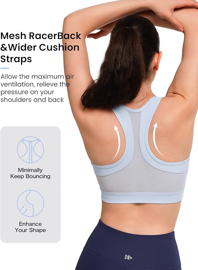 Yvette Zip Front Sports Bra - High Impact Sports Bras for Women Plus Size Workout Fitness Running