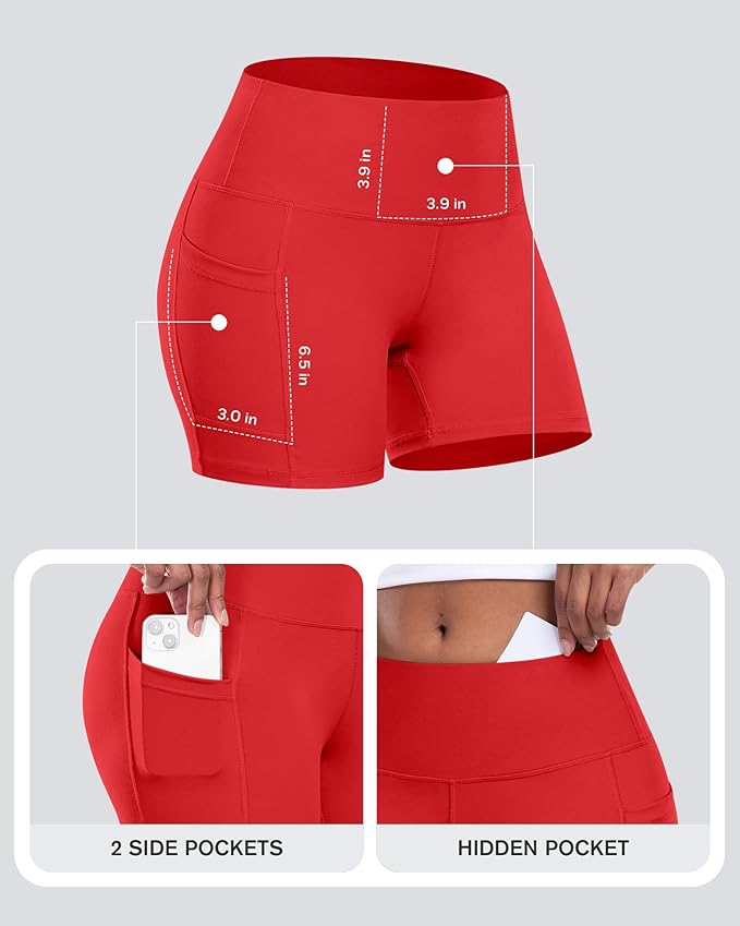 CHRLEISURE Womens Biker Yoga Shorts with Pocket, High Waisted Tummy Control 5 Inch Workout Spandex Athletic Gym Shorts