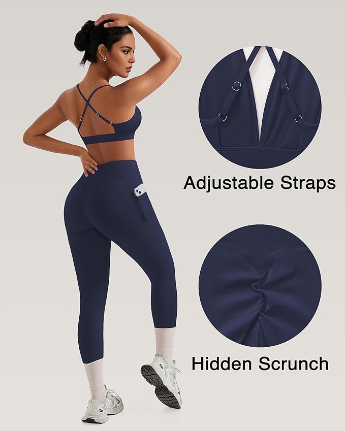 RXRXCOCO 2 Piece Workout Sets for Women Strappy Sports Bra Booty Leggings with Pockets Yoga Gym Outfits
