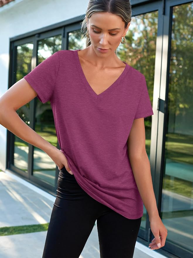 AUTOMET T-Shirts Short Sleeve V Neck Tees Tops for Women Fashion Trendy Lightweight Soft Casual Summer Outfits Clothes 2026