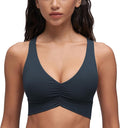 CRZ YOGA Butterluxe Ruched Longline Sports Bras for Women - V Neck Padded Yoga Tank Wide Straps Cross Back Crop Tops