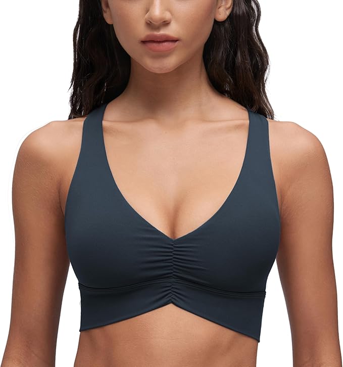 CRZ YOGA Butterluxe Ruched Longline Sports Bras for Women - V Neck Padded Yoga Tank Wide Straps Cross Back Crop Tops
