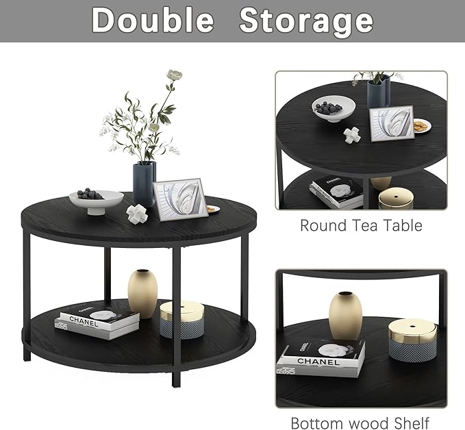 NSdirect Round Coffee Table, 25.6" Small Coffee Table for Living Room,2-Tier Rustic Wood Desktop with Storage Shelf Modern Design Home Furniture(Black)