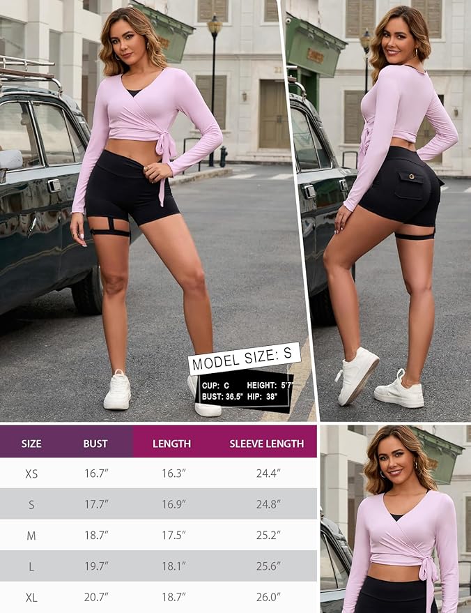 Perfashion Women Ballet Wrap Top Pilates Yoga Long Sleeve Workout Tie Tops Y2K Dance Shirt Blouses