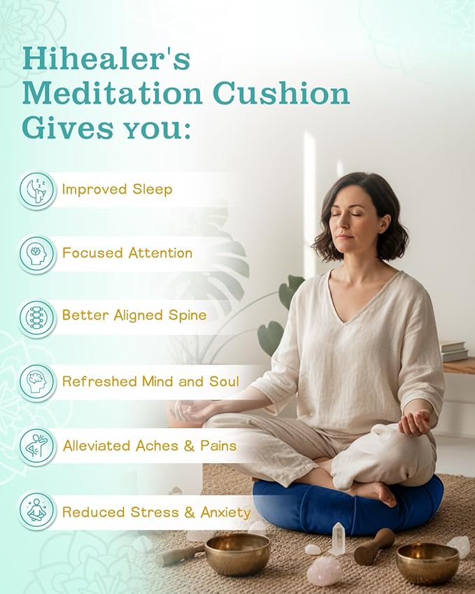 Hihealer Premium Meditation Cushion - Comfortable Floor Pillow for Adult Traditional Crescent Meditation Pillow Yoga Buckwheat Bolster (Blue)