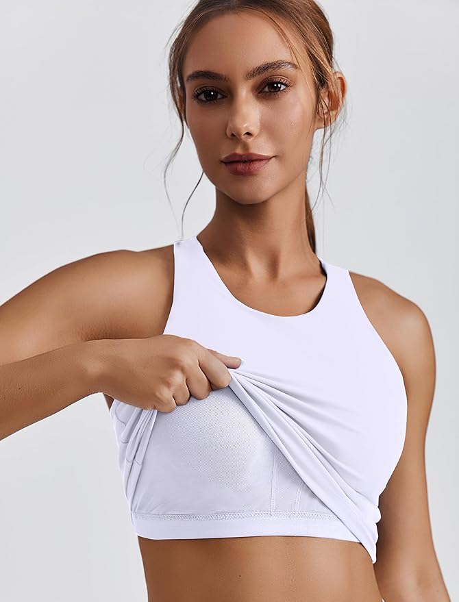 PINSPARK Women Sports Bra High Neck Racerback Workout Crop Tank Top Longline Padded Yoga Tops with Built in Pads
