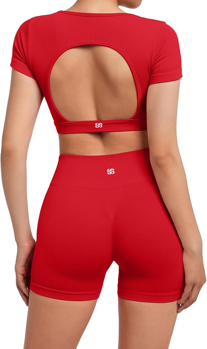 SUUKSESS Womens Workout Sets Open Back Gym Sets Woman Yoga Pilates Crop Tank High Waisted Bike Shorts