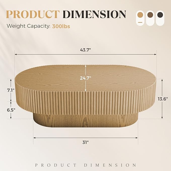 YOUDENOVA 43.7” Oval Coffee Table, Modern Wood Fluted Coffee Table for Living Room, Veneer Handcrafted Relief Center Table with Sturdy Pedestal，Easy Assembly - Natural
