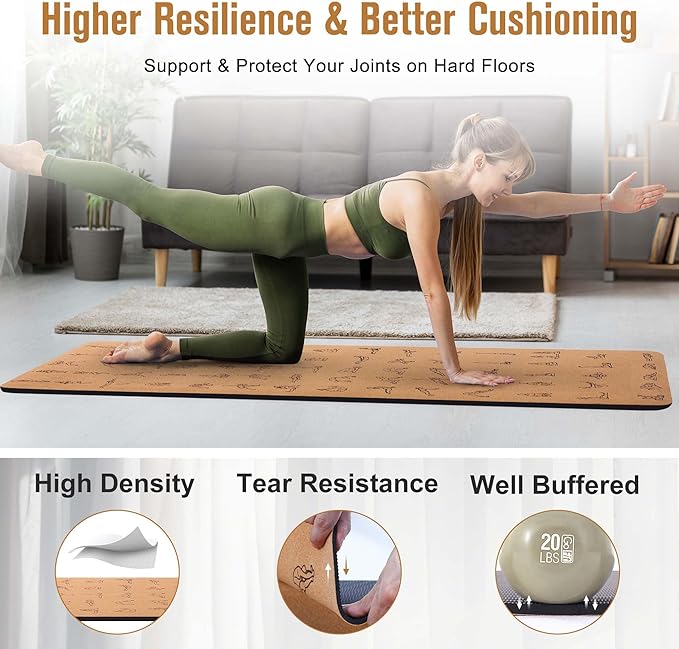 Premium Cork Yoga Mat 1/4 & 2/5 Inch Thick 72 x 26 in, Thick Cork and TPE Non Slip Yoga Mats for Women Men, Sweat Proof Eco-friendly, Great for Hot Yoga & Workouts