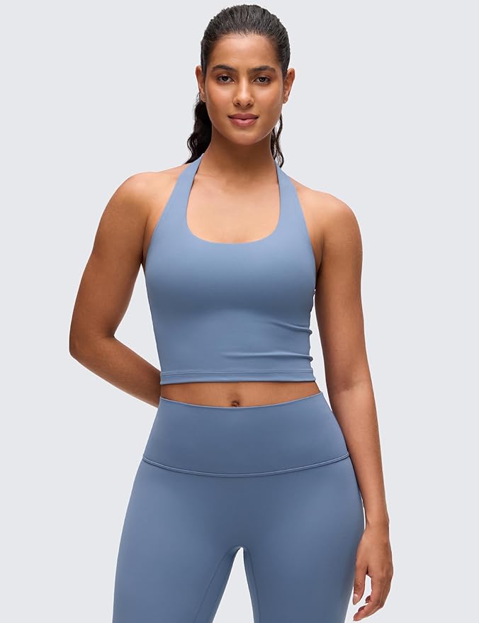 CRZ YOGA Butterluxe Halter Crop Tank Tops for Women - Open Back Padded Longline Sports Bras Workout Gym