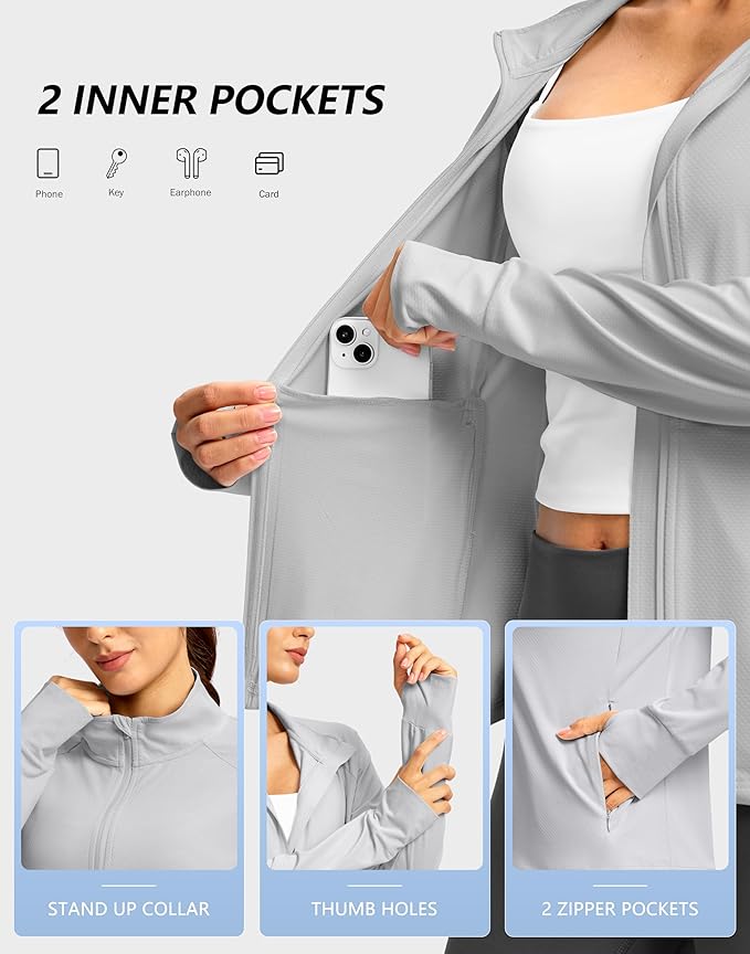 G Gradual Women's Lightweight Athletic Jacket Sun Protection UPF 50+ Zip Up 4 Pockets Long Sleeve Shirts Workout Running