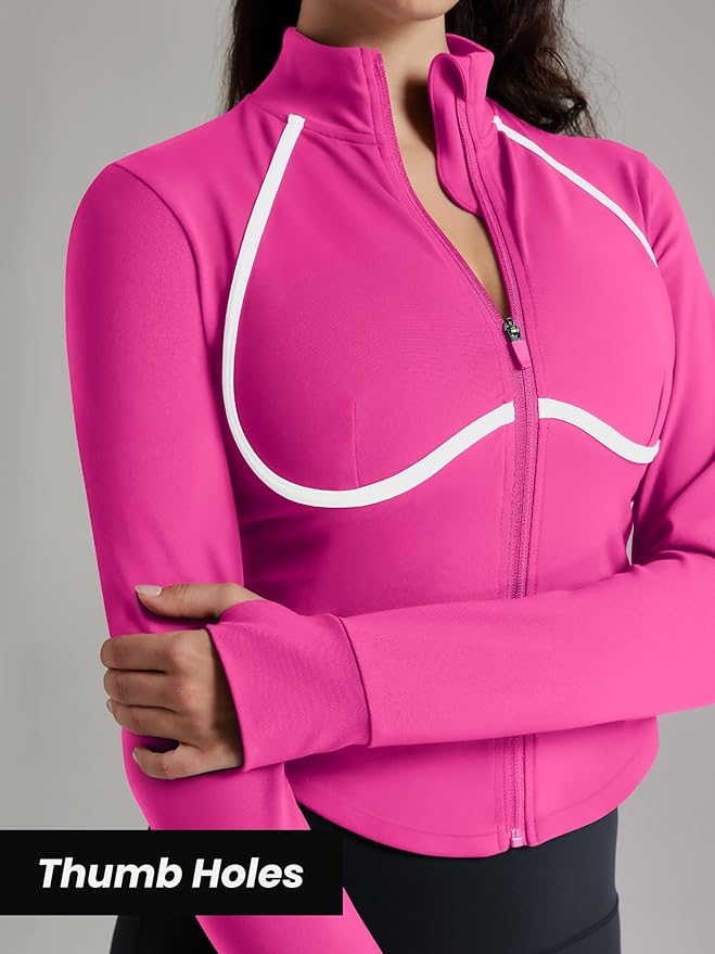 Women Workout Jacket Cropped Contrast Seam Zip Up Athletic Jacket Yoga Sportswear with Thumb Holes