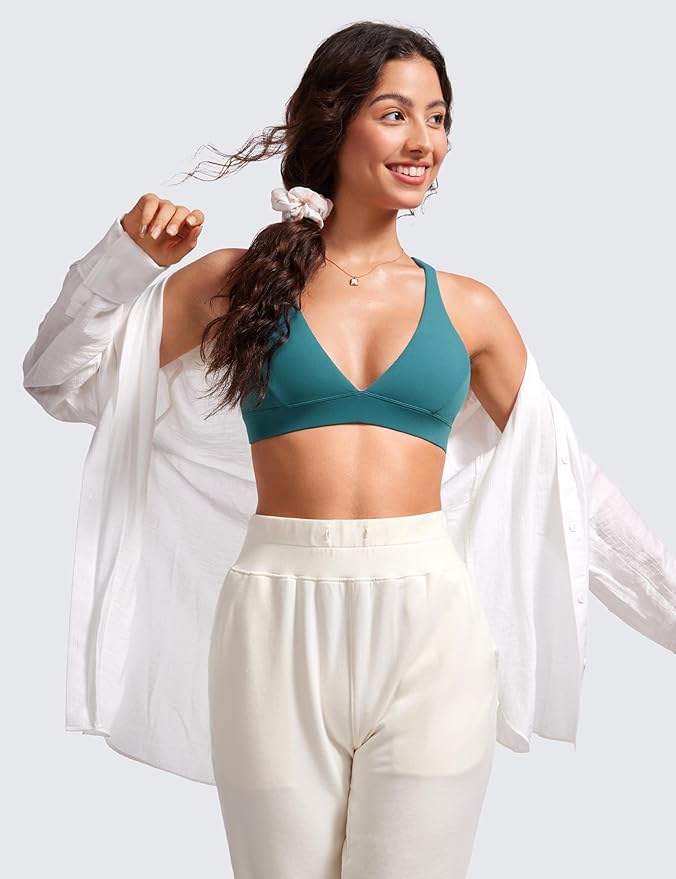 CRZ YOGA Butterluxe Deep V-Neck Sports Bras for Women - Spaghetti Strap Criss Cross Padded Top Low Coverage Wireless Yoga