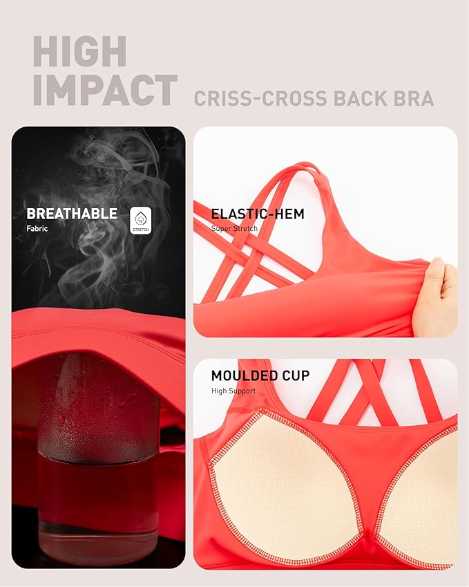 RUNNING GIRL High Impact Sports Bras for Women - Scoop Neck Strappy Sports Bra High Support Moulded Cup Workout Bra