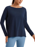 CRZ YOGA Pima Cotton Boat Neck Long Sleeve Shirts for Women - Workout Athletic Yoga Casual Tops Loose Fit Fall T-Shirts
