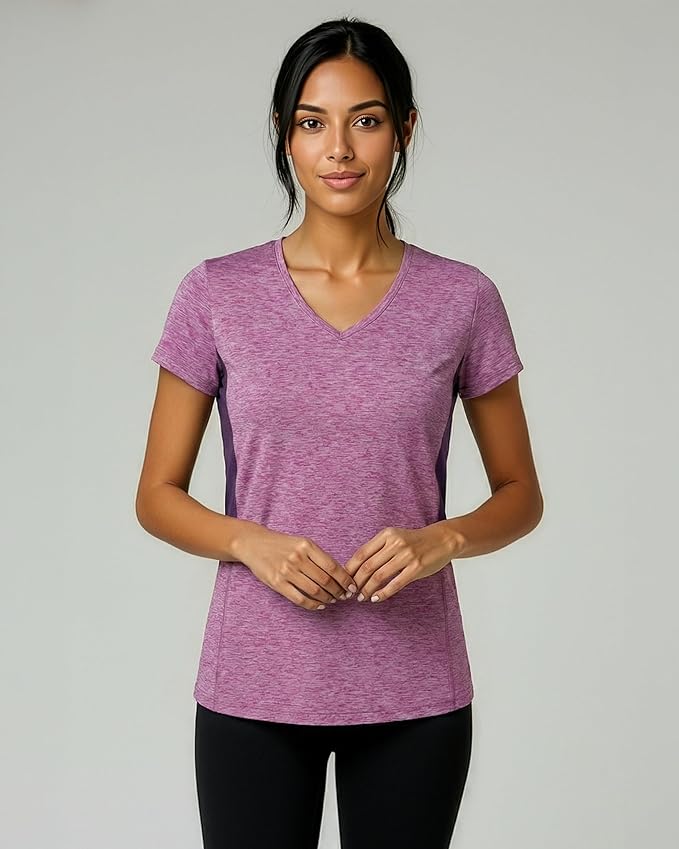 Real Essentials 5 Pack: Women's Dry-Fit Short Sleeve V Neck T Shirt Workout Fitness Yoga Top Tee (Available in Plus Size)