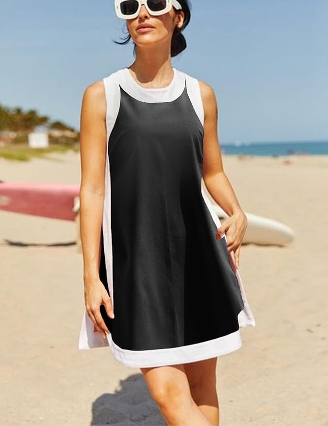 Hooever Women's 2 Piece Sets Casual Color Block Crewneck Short Sleeve Pullover Tops Matching Shorts with Pockets