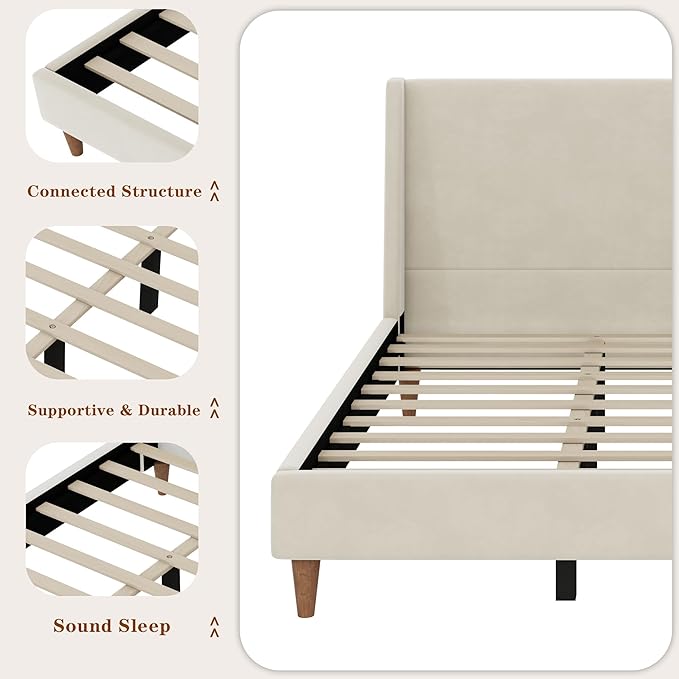 Queen Size Upholstered Platform Bed Frame, Modern Wingback Beds with Tall Headboard, Upholstered Bed Frames with Walnut Wooden Legs, No Box Spring Needed/Easy Assembly, Beige Velvet