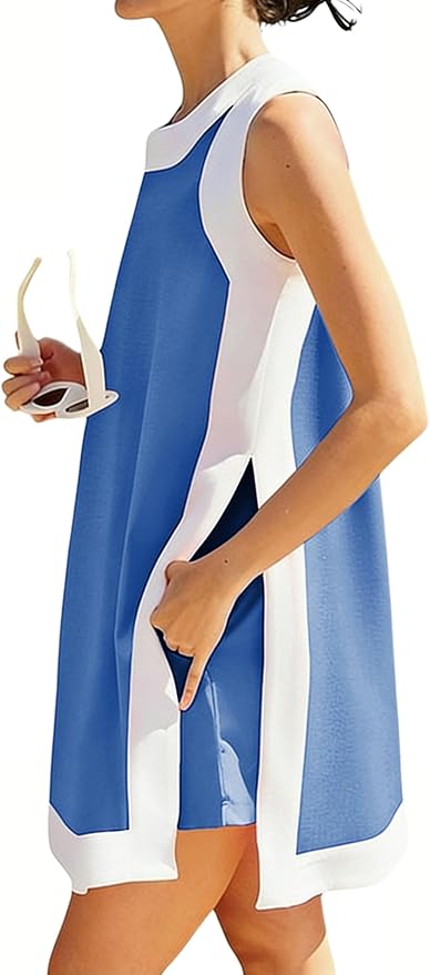 Hooever Women's 2 Piece Sets Casual Color Block Crewneck Short Sleeve Pullover Tops Matching Shorts with Pockets