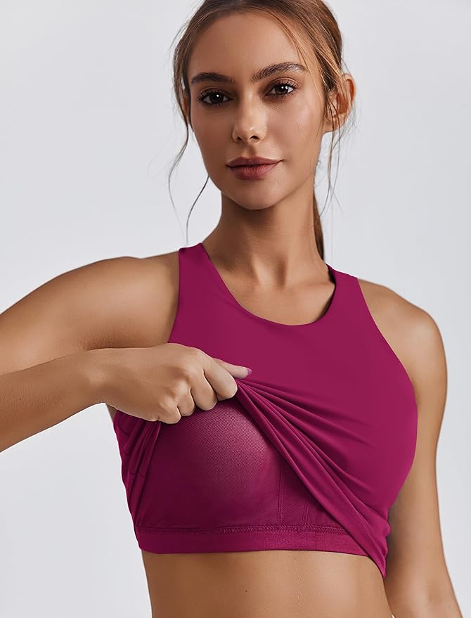 PINSPARK Women Sports Bra High Neck Racerback Workout Crop Tank Top Longline Padded Yoga Tops with Built in Pads